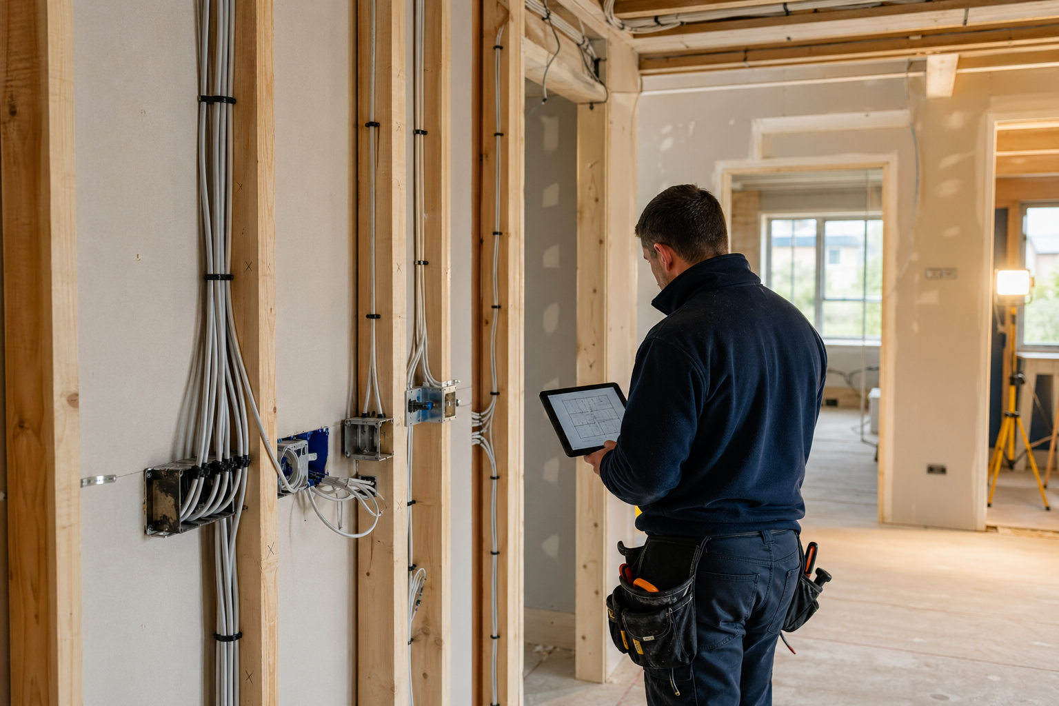 Neat first fix electrical wiring in a clean new build home